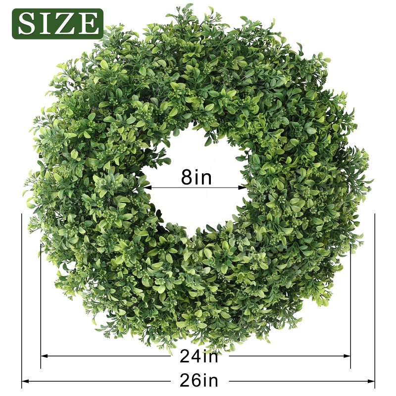 FOTEEWL 26" Artificial Boxwood Wreath for Front Door - Large Faux Aglaia Odorata Wreath, Fake Eucalyptus Leaves Plants for Wall Window Farmhouse Outdoor Decor - Spring, Summer, All Seasons (Green) - Image 5