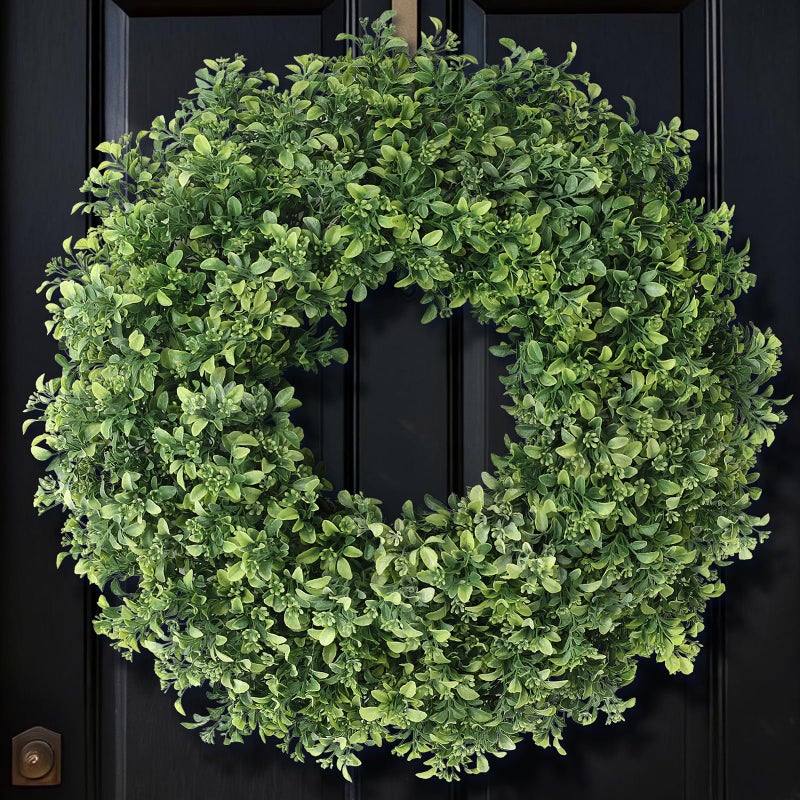 FOTEEWL 26" Artificial Boxwood Wreath for Front Door - Large Faux Aglaia Odorata Wreath, Fake Eucalyptus Leaves Plants for Wall Window Farmhouse Outdoor Decor - Spring, Summer, All Seasons (Green) - Image 1