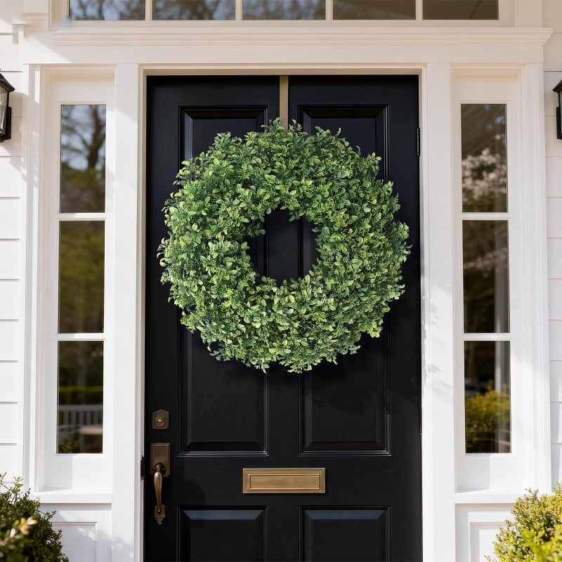 FOTEEWL 26" Artificial Boxwood Wreath for Front Door - Large Faux Aglaia Odorata Wreath, Fake Eucalyptus Leaves Plants for Wall Window Farmhouse Outdoor Decor - Spring, Summer, All Seasons (Green) - Image 2