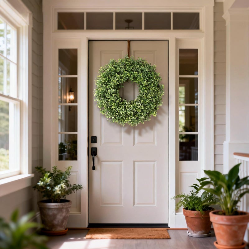 FOTEEWL 26" Artificial Boxwood Wreath for Front Door - Large Faux Aglaia Odorata Wreath, Fake Eucalyptus Leaves Plants for Wall Window Farmhouse Outdoor Decor - Spring, Summer, All Seasons (Green) - Image 4