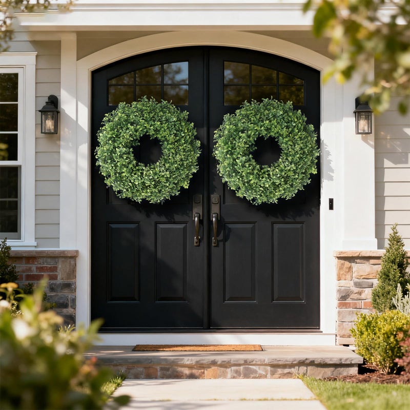 FOTEEWL 26" Artificial Boxwood Wreath for Front Door - Large Faux Aglaia Odorata Wreath, Fake Eucalyptus Leaves Plants for Wall Window Farmhouse Outdoor Decor - Spring, Summer, All Seasons (Green) - Image 3