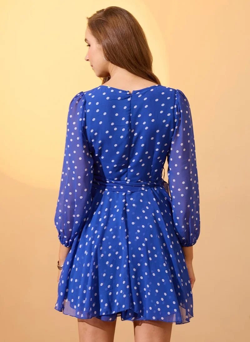 Globus Blue Globus Women Blue Sweetheart Neck Bishop Sleeves Polka Dot Playsuit With Belt for Women | Best Price UAE