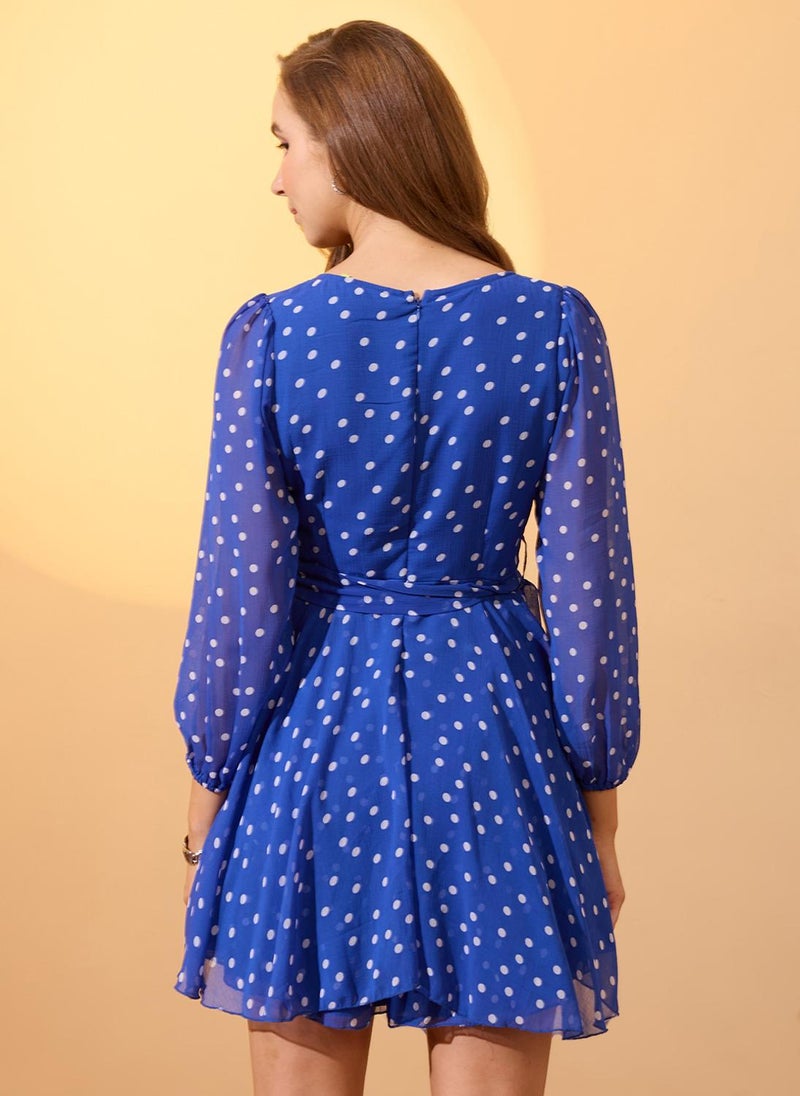 Globus Women Blue Sweetheart Neck Bishop Sleeves Polka Dot Playsuit With Belt - Image 4