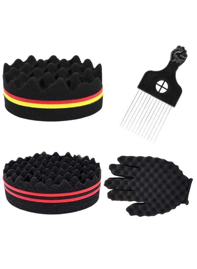 KOWVOWZ Afro Pick Comb Set, Magic Barber Brush Sponge, Twist Hair Sponge Hair Brush Sponges for Black Men Curls with Glove+Double Sided Twist Brush - Image 1