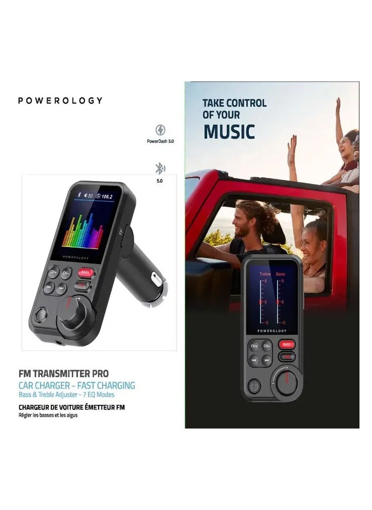 18W QC Output FM Transmitter Pro Car Charger with 32GB Max MicroSD & USB Flash Slot, 7 EQ Modes, 1.8" Colour Display, Bass & Treble Adjuster, Superior Mic and Bluetooth Version 5.0 Connectivity, Black