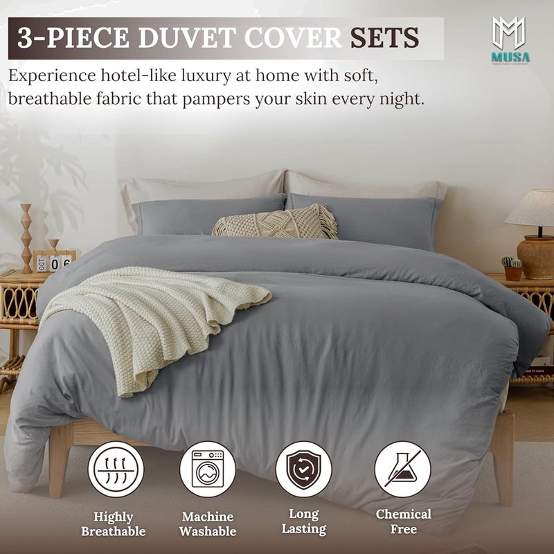 MUSA MUSA® Premium Comforter Set with 100% Cotton, Comfy 1 Comforter Cover & 2 Pillow Shams - Stain Free Duvet Cover for Bedrooms | Washable & Wrinkle Free (Grey, Full - 180 x 200cm) - Image 3