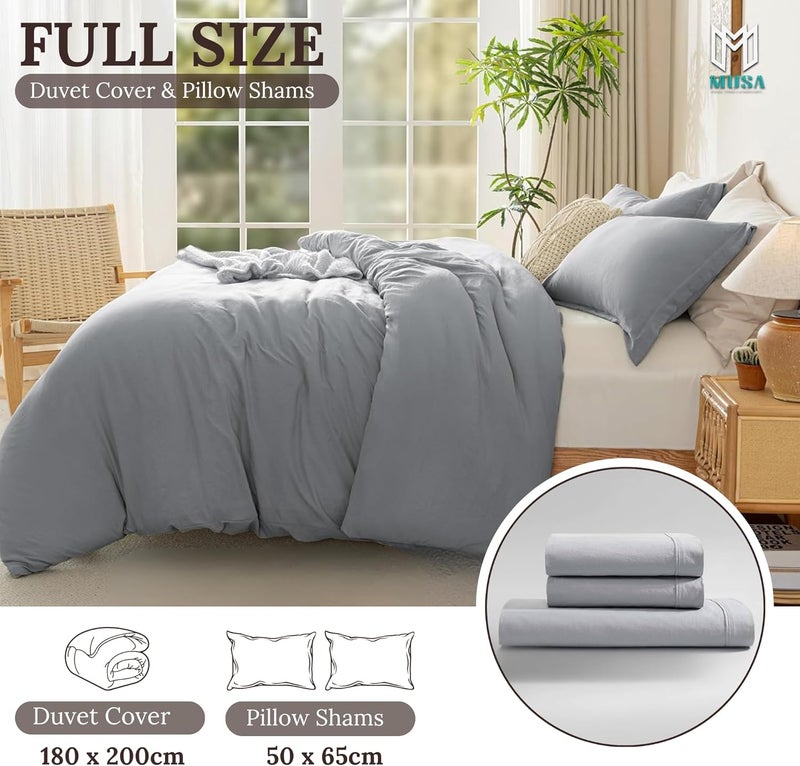 MUSA MUSA® Premium Comforter Set with 100% Cotton, Comfy 1 Comforter Cover & 2 Pillow Shams - Stain Free Duvet Cover for Bedrooms | Washable & Wrinkle Free (Grey, Full - 180 x 200cm) - Image 2