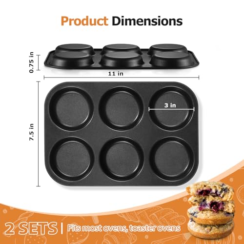E-far Efar Muffin Top Pan Set of 2 Nonstick 6Cavity Shallow Cupcake Pan for Baking Whoopie Pie Yorkshire Pudding Eggs Cornbread Drop Cookies Easy Release Clean 3Inch Standard Size - Image 3
