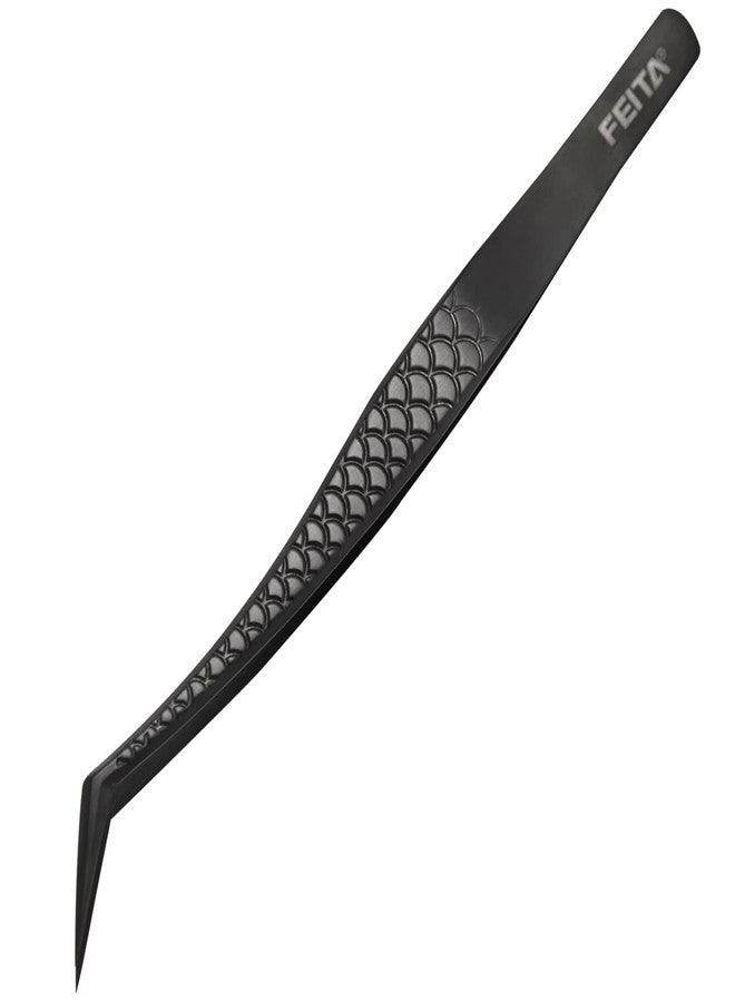 FEITA Diamond Grip Eyelash Extensions Tweezer Lash Precision Tweezers, Japanese Steel Angled Tip, False Lashes Application Tools, Black 1Pc - Image 1