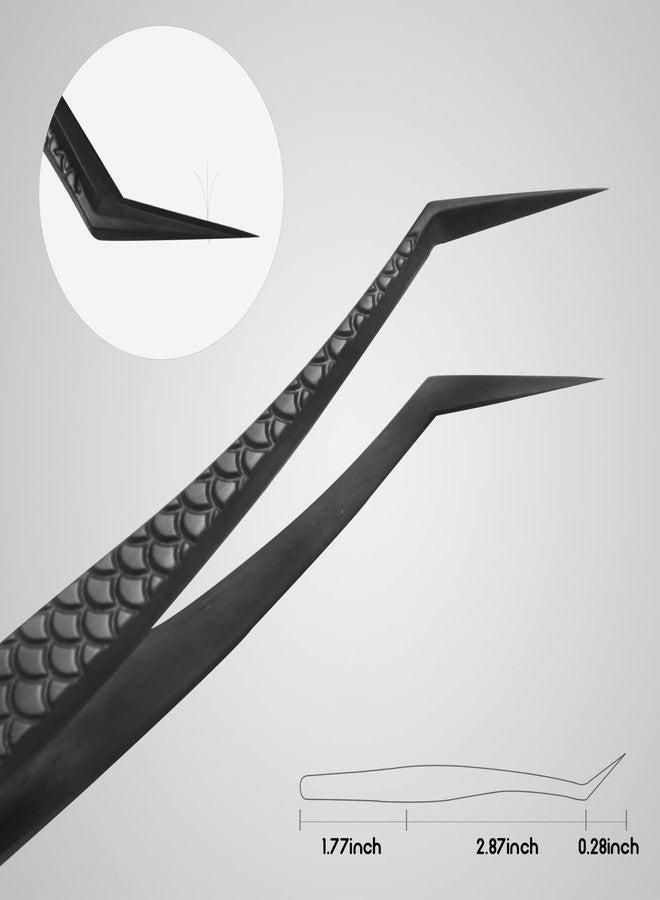 FEITA Diamond Grip Eyelash Extensions Tweezer Lash Precision Tweezers, Japanese Steel Angled Tip, False Lashes Application Tools, Black 1Pc - Image 2
