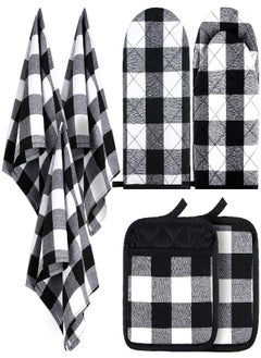 Patelai 7 Pieces Buffalo Check Dish Towels Pot Holders Oven Mitts Set Cotton Plaid Kitchen Dish Towels Non-Slip Heat Resistant Oven Mitts and Pot Holders for Cooking Baking Grilling Supply (Black with White) 