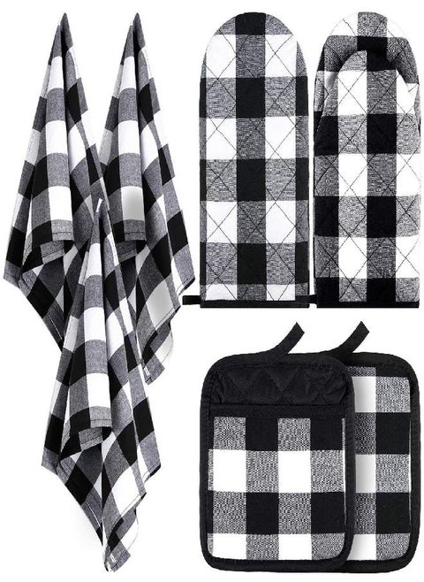 7 Pieces Buffalo Check Dish Towels Pot Holders Oven Mitts Set Cotton Plaid Kitchen Dish Towels Non-Slip Heat Resistant Oven Mitts and Pot Holders for Cooking Baking Grilling Supply (Black with White)