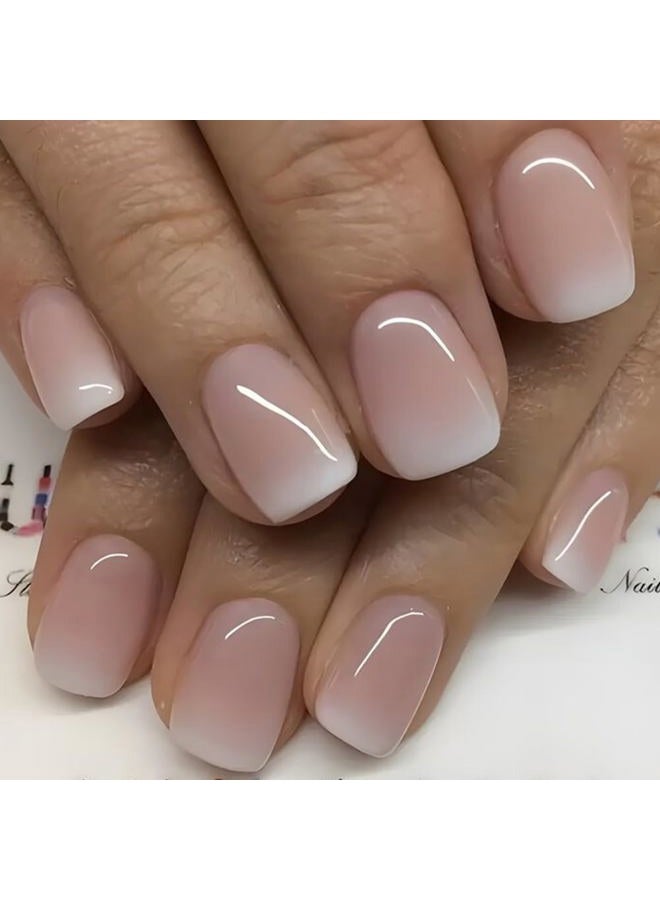 Hrnsnails Nail Press ons, Short Square Press On Nails French Fake Nails with Pink White Ombre Press ons Design, Acrylic Artificial False Nails Press On Stick On Nails for Women - Image 1