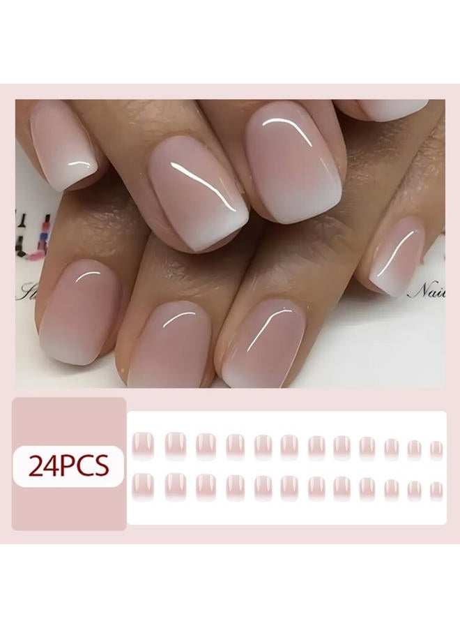 Hrnsnails Nail Press ons, Short Square Press On Nails French Fake Nails with Pink White Ombre Press ons Design, Acrylic Artificial False Nails Press On Stick On Nails for Women - Image 2