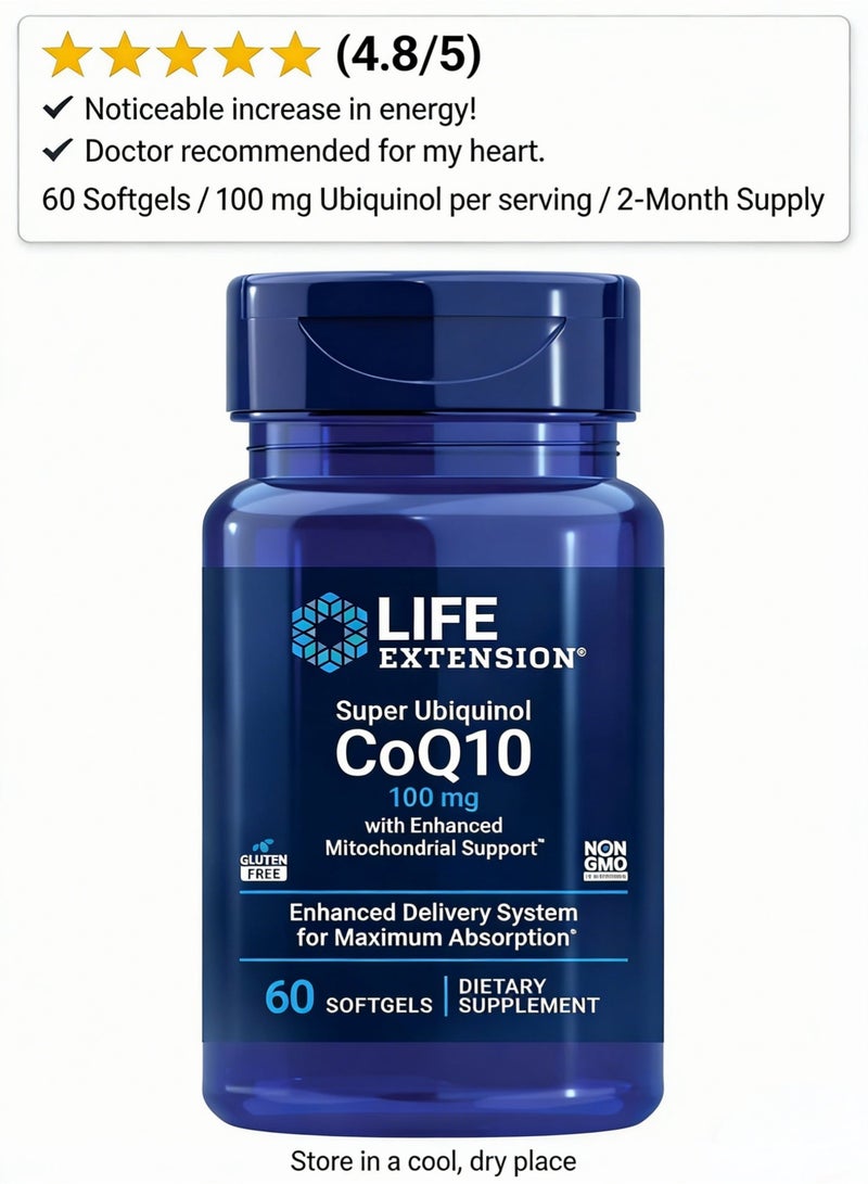 لايف إكستنشن سوبر يوبيكوينول CoQ10 مع دعم محسن للميتوكوندريا، صحة القلب القوية ودعم إنتاج الطاقة الخلوية، فائق الامتصاص، خالي من الغلوتين، غير معدل وراثيًا، 100 مجم، 60 كبسولة هلامية - Image 4