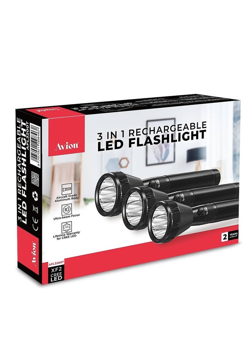 Avion - Avion 3 in 1 Rechargeable LED Flashlight, Hyper Bright Cool White LED, 2200 Meters Range, Portable Torch, 2sc High Durable Battery, Aircraft Aluminium Body,AFL3200T - Image 1