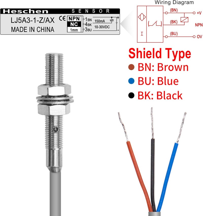 Heschen M5 Inductive Proximity Sensor Switch Shield Type LJ5A3-1-Z/AX Detector 1mm 10-30VDC 150mA NPN Normally Closed(NC) 3 Wire - Image 3