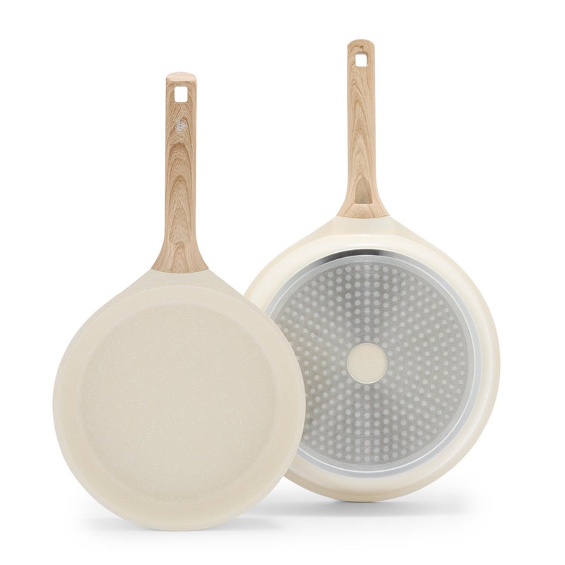GreenLife Arte 9.5” and 11” Frying Pan Skillet Set, Induction Suitable Healthy Ceramic Nonstick, PFAS & PFOA-Free, Deep Body & High Wall Capacity, Stay-Cool Wood-Print Handles, Speckled Cream - Image 1