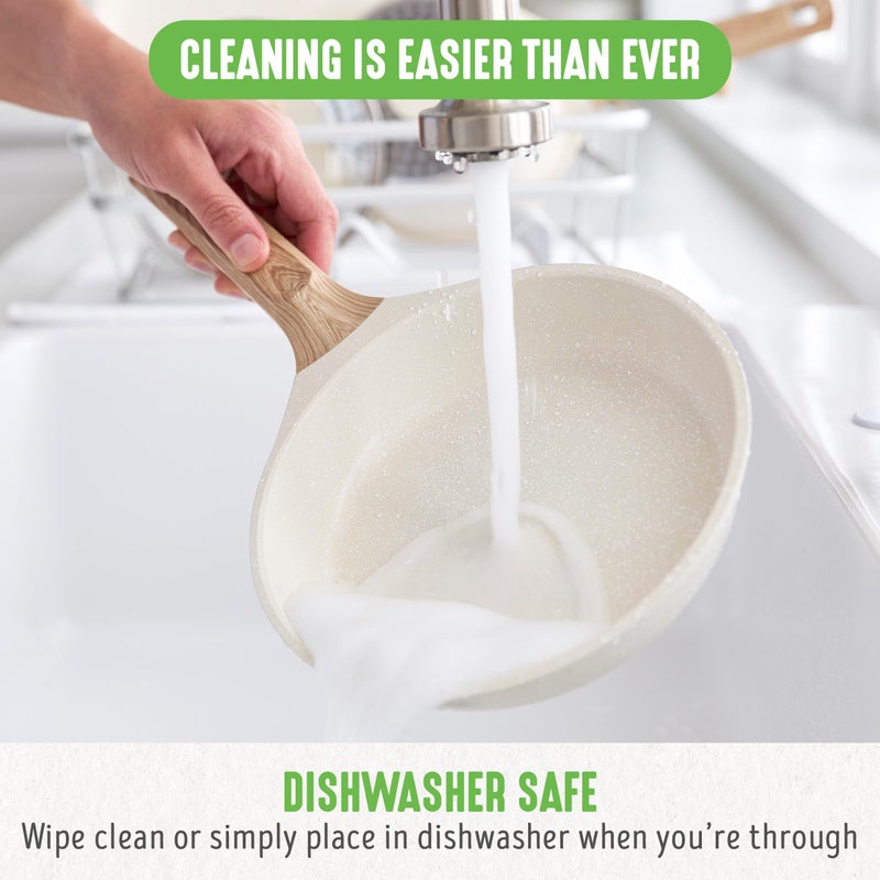 GreenLife Arte 9.5” and 11” Frying Pan Skillet Set, Induction Suitable Healthy Ceramic Nonstick, PFAS & PFOA-Free, Deep Body & High Wall Capacity, Stay-Cool Wood-Print Handles, Speckled Cream - Image 5