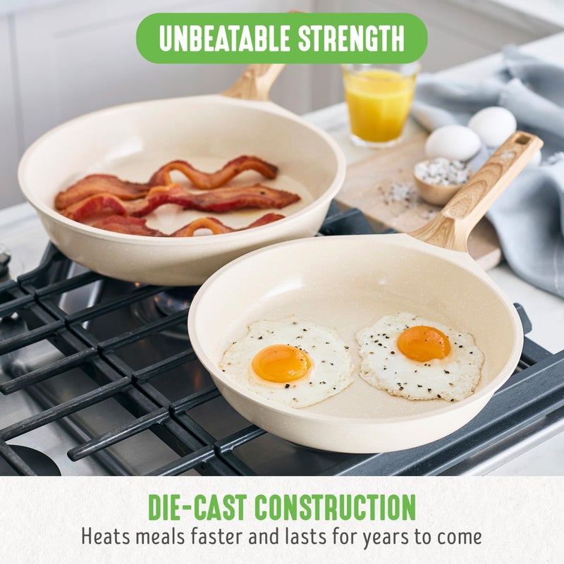 GreenLife Arte 9.5” and 11” Frying Pan Skillet Set, Induction Suitable Healthy Ceramic Nonstick, PFAS & PFOA-Free, Deep Body & High Wall Capacity, Stay-Cool Wood-Print Handles, Speckled Cream - Image 4