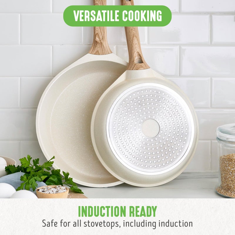 GreenLife Arte 9.5” and 11” Frying Pan Skillet Set, Induction Suitable Healthy Ceramic Nonstick, PFAS & PFOA-Free, Deep Body & High Wall Capacity, Stay-Cool Wood-Print Handles, Speckled Cream - Image 2