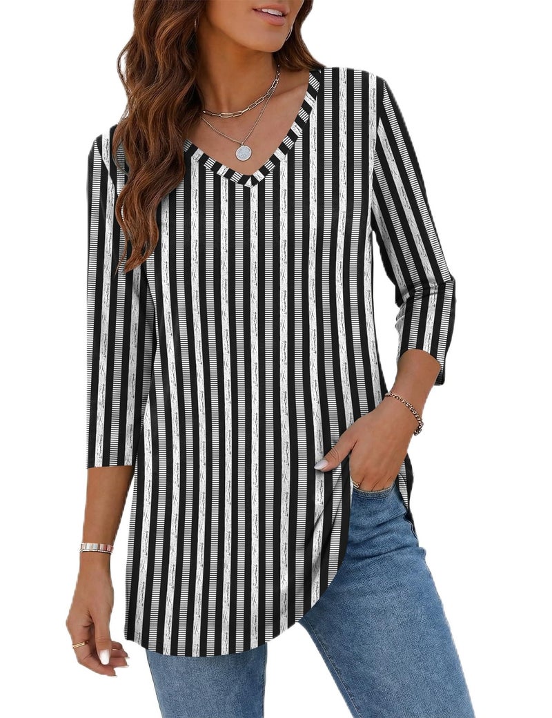 Rapbin Ladies Spring Tops 3/4 Length Sleeve Women's Tees Summer Blouses Tunic Tops to Wear with Leggings Plus Size Clothes Black-white Stripes - Image 1