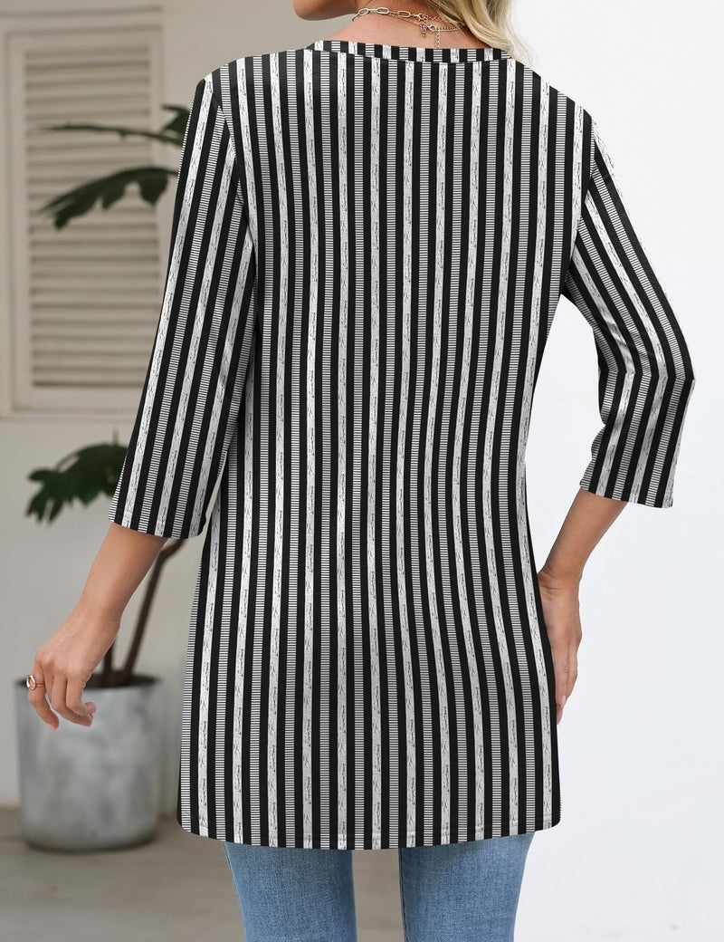 Rapbin Ladies Spring Tops 3/4 Length Sleeve Women's Tees Summer Blouses Tunic Tops to Wear with Leggings Plus Size Clothes Black-white Stripes - Image 4