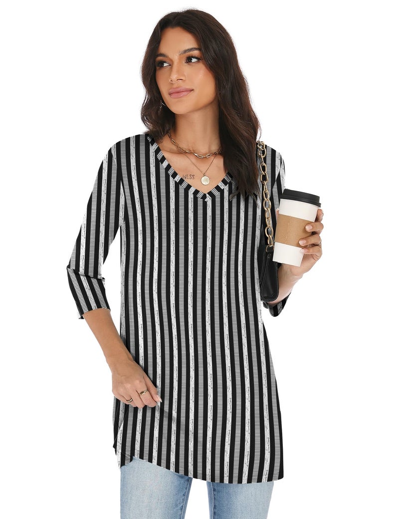Rapbin Ladies Spring Tops 3/4 Length Sleeve Women's Tees Summer Blouses Tunic Tops to Wear with Leggings Plus Size Clothes Black-white Stripes - Image 5