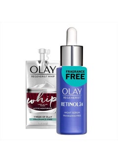 Olay Regenerist Retinol Face Serum, Retinol 24 Night Face Serum, 1.3oz + Whip Face Moisturizer Travel/Trial Size Gift Set  - Image 1