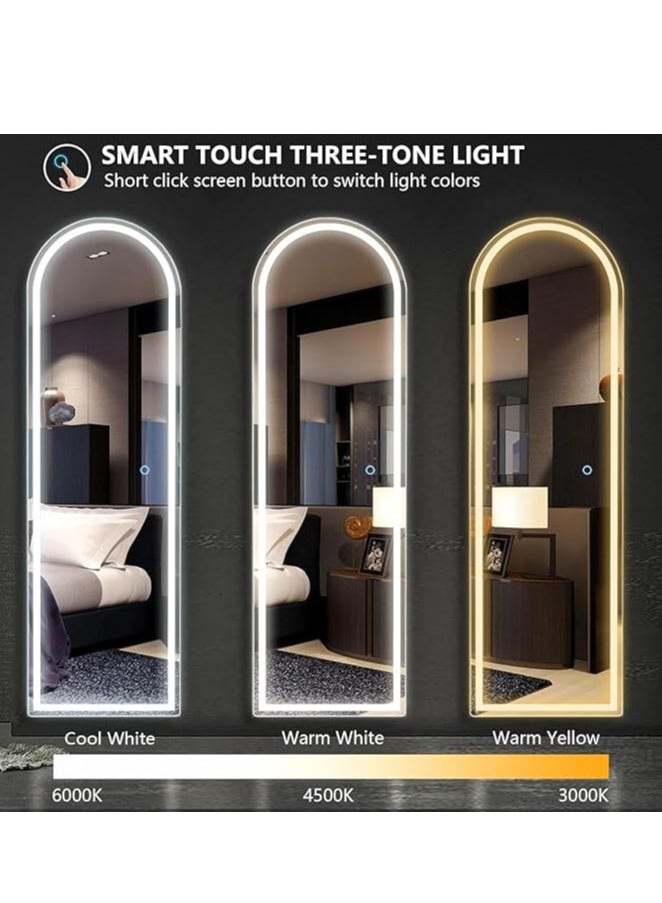 160x70cm Arched Full-Length Mirror with 3-Color LED Lights, Touch Button for Adjustable Brightness, Durable Alloy Frame, Leaning, Wall-Mounting, or Standing, Stylish Illuminated Vanity Mirror for Bedroom, Living Room, Hallway (Black)