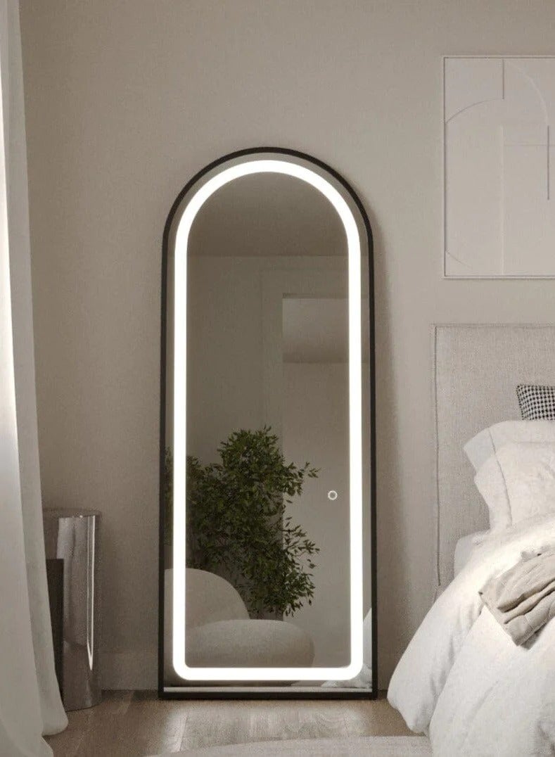 160x70cm Arched Full-Length Mirror with 3-Color LED Lights, Touch Button for Adjustable Brightness, Durable Alloy Frame, Leaning, Wall-Mounting, or Standing, Stylish Illuminated Vanity Mirror for Bedroom, Living Room, Hallway (Black)