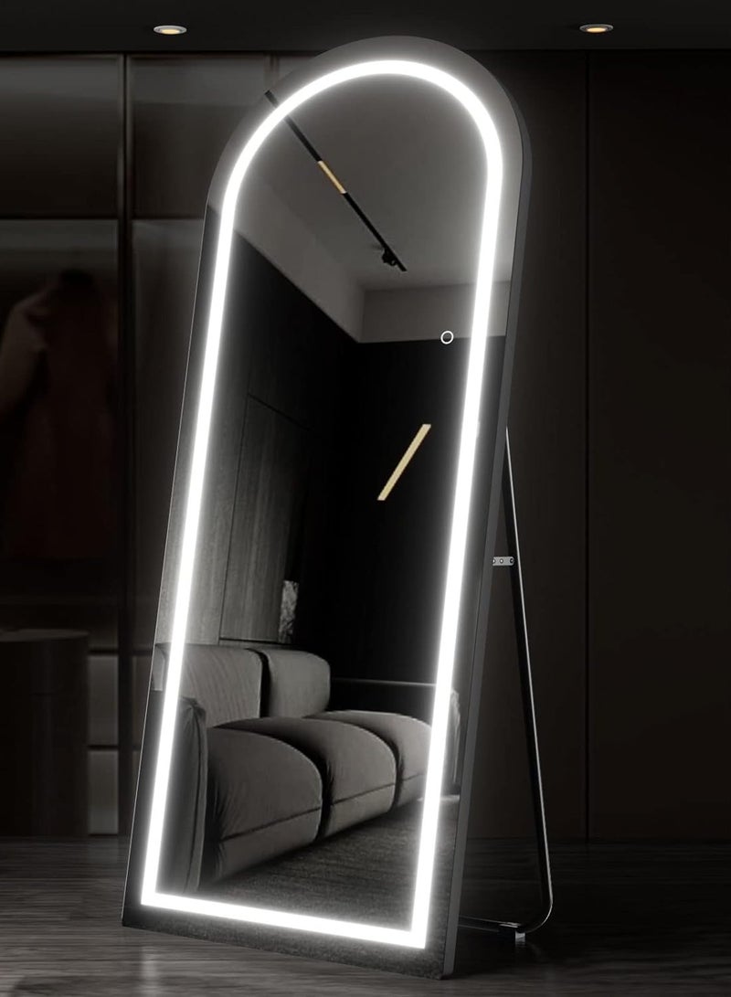 160x70cm Arched Full-Length Mirror with 3-Color LED Lights, Touch Button for Adjustable Brightness, Durable Alloy Frame, Leaning, Wall-Mounting, or Standing, Stylish Illuminated Vanity Mirror for Bedroom, Living Room, Hallway (Black)
