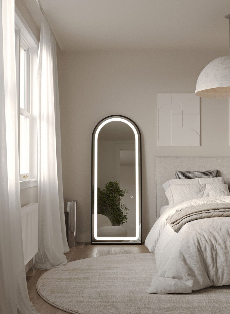 160x70cm Arched Full-Length Mirror with 3-Color LED Lights, Touch Button for Adjustable Brightness, Durable Alloy Frame, Leaning, Wall-Mounting, or Standing, Stylish Illuminated Vanity Mirror for Bedroom, Living Room, Hallway (Black)