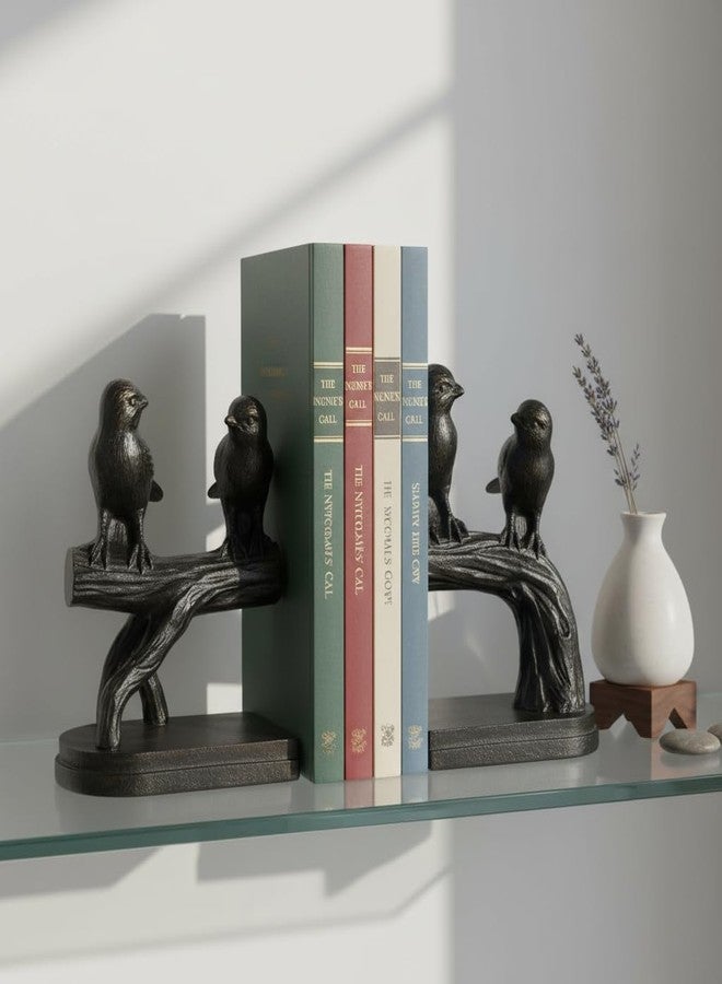 Comfy Hour 6.2" Black Birds on Branch Figurine Style Bookends, Rustic Antique Vintage Bird Statue Home Decor, Heavy Duty Animal Book Stoppers Pair - Image 2