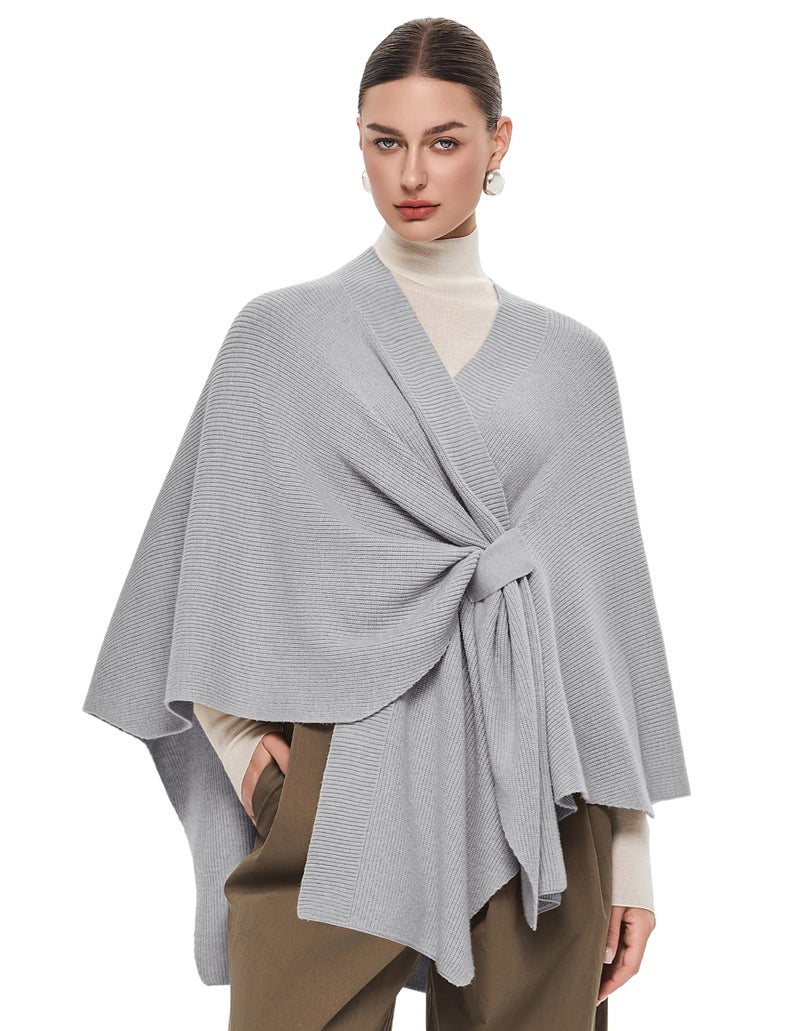 PULI Women's Shawl Wraps Ribbed Poncho Ruana Cape Open Front Cardigan Sweater Evening Dress for Fall Winter Light Heather Gray - Image 1
