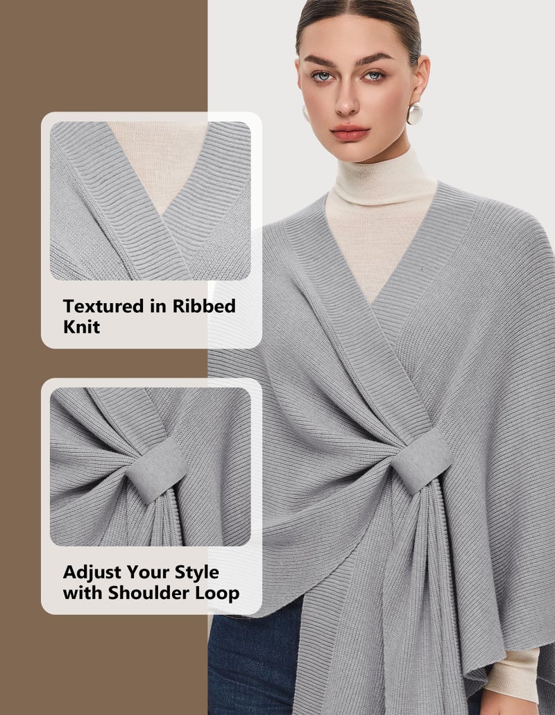 PULI Women's Shawl Wraps Ribbed Poncho Ruana Cape Open Front Cardigan Sweater Evening Dress for Fall Winter Light Heather Gray - Image 5