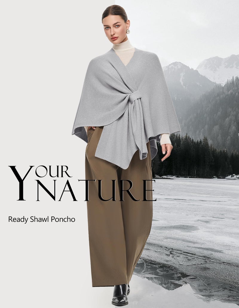 PULI Women's Shawl Wraps Ribbed Poncho Ruana Cape Open Front Cardigan Sweater Evening Dress for Fall Winter Light Heather Gray - Image 3
