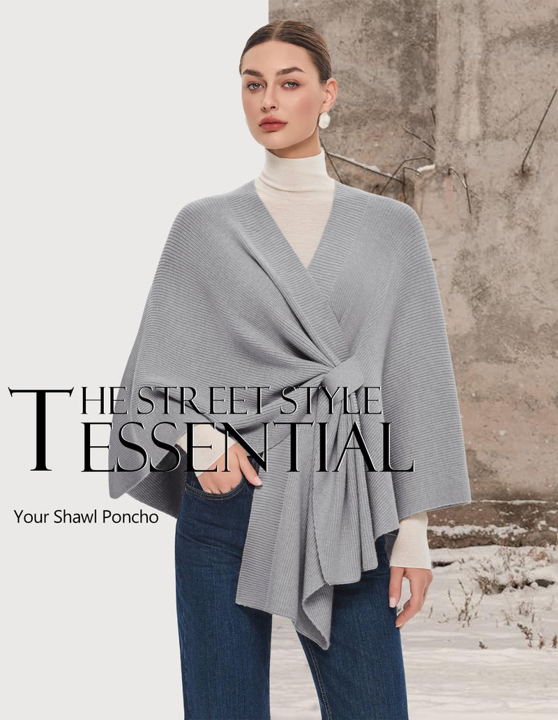 PULI Women's Shawl Wraps Ribbed Poncho Ruana Cape Open Front Cardigan Sweater Evening Dress for Fall Winter Light Heather Gray - Image 4