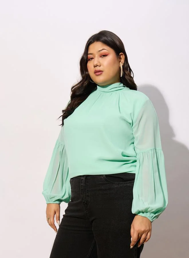 SASSAFRAS Plus High Neck Top with Bishop Sleeve by Styli