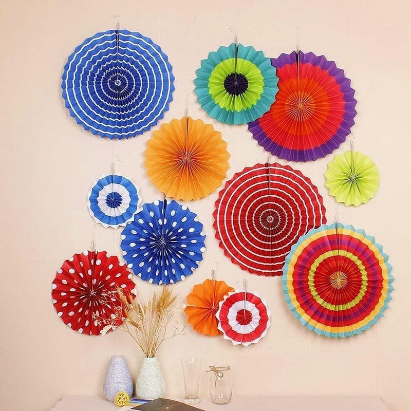INCHEON PARTY Paper Fan Flower Hanging Set,Colorful Round Pattern Paper Garlands Decoration for Birthday Wedding Graduation Party Decorations Colorful 12pcs - Image 2
