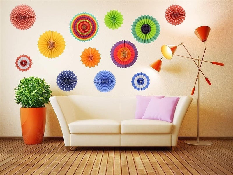 INCHEON PARTY Paper Fan Flower Hanging Set,Colorful Round Pattern Paper Garlands Decoration for Birthday Wedding Graduation Party Decorations Colorful 12pcs - Image 5