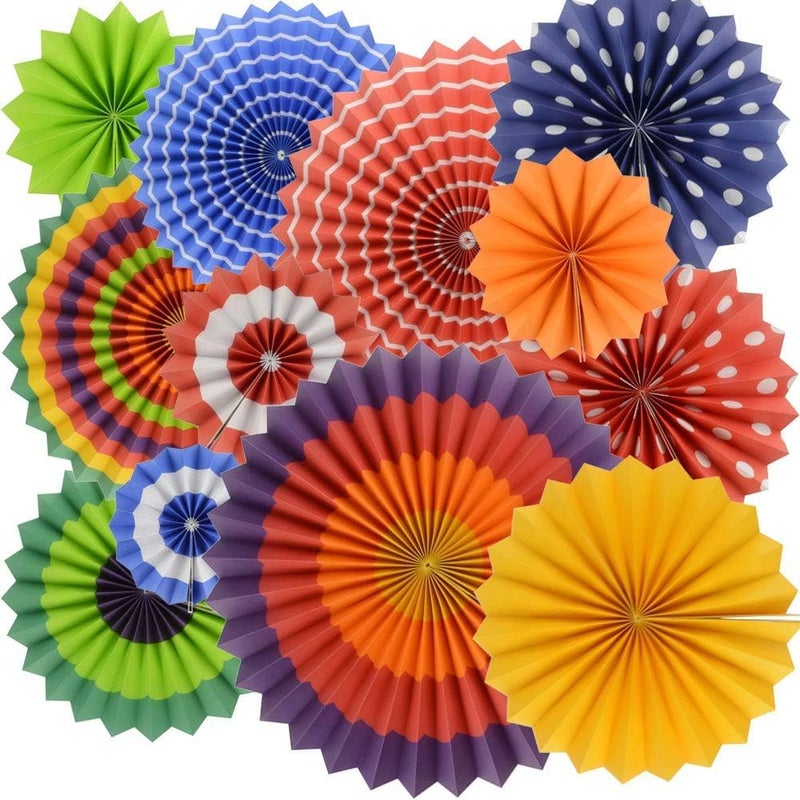INCHEON PARTY Paper Fan Flower Hanging Set,Colorful Round Pattern Paper Garlands Decoration for Birthday Wedding Graduation Party Decorations Colorful 12pcs - Image 1