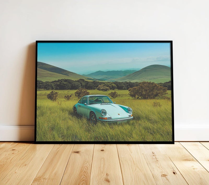 TNESSENTIAL Vintage Blue Porsche Horizontal Wall Art Peaceful Lake District Scenic Landscape Aesthetic Poster Masculine Wall Art Retro Classic Car Print - Image 1