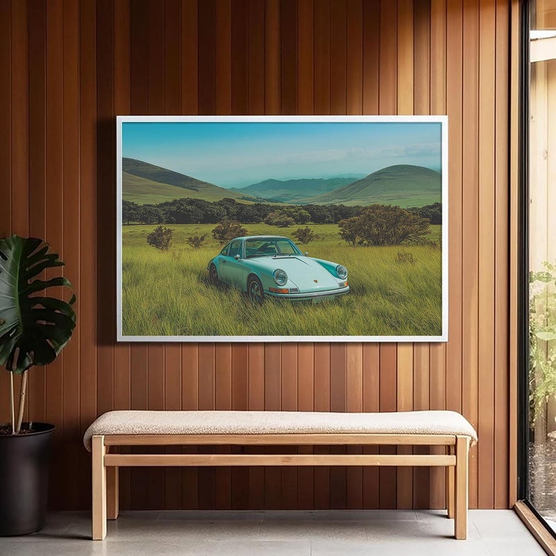 TNESSENTIAL Vintage Blue Porsche Horizontal Wall Art Peaceful Lake District Scenic Landscape Aesthetic Poster Masculine Wall Art Retro Classic Car Print - Image 3