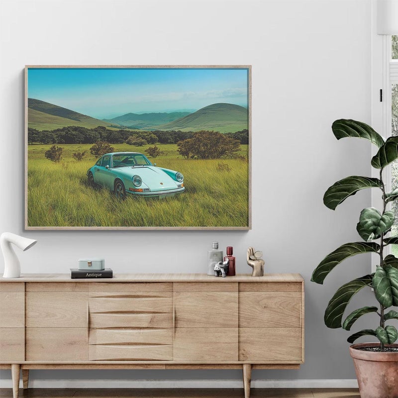 TNESSENTIAL Vintage Blue Porsche Horizontal Wall Art Peaceful Lake District Scenic Landscape Aesthetic Poster Masculine Wall Art Retro Classic Car Print - Image 5