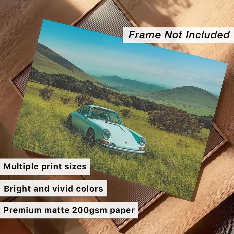 TNESSENTIAL Vintage Blue Porsche Horizontal Wall Art Peaceful Lake District Scenic Landscape Aesthetic Poster Masculine Wall Art Retro Classic Car Print - Image 2