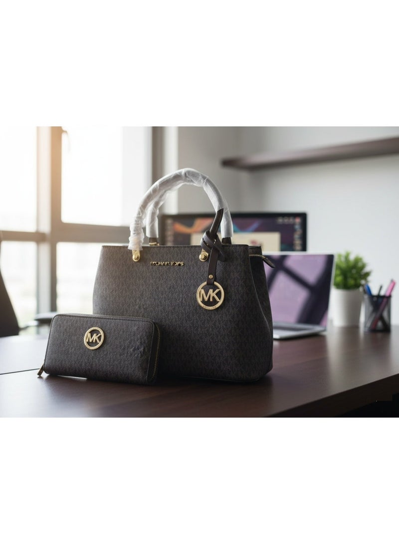 حقيبة يد من ماركة MK ومحفظة متناسقة (أسود)