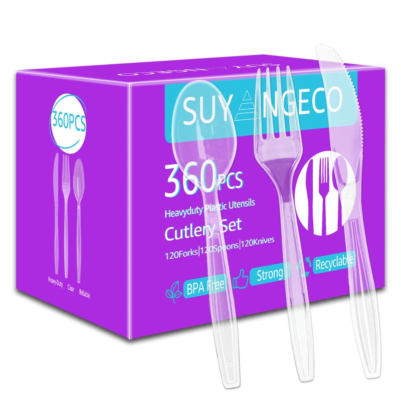 360 Count Clear Plastic Forks Spoons Knives Bulk Heavy Duty Plastic Silverware Reusable Disposable Cutlery Set Thick Plasticware Durable Party Utensils for DinnerDaily UseWeddingGatheringPicnic