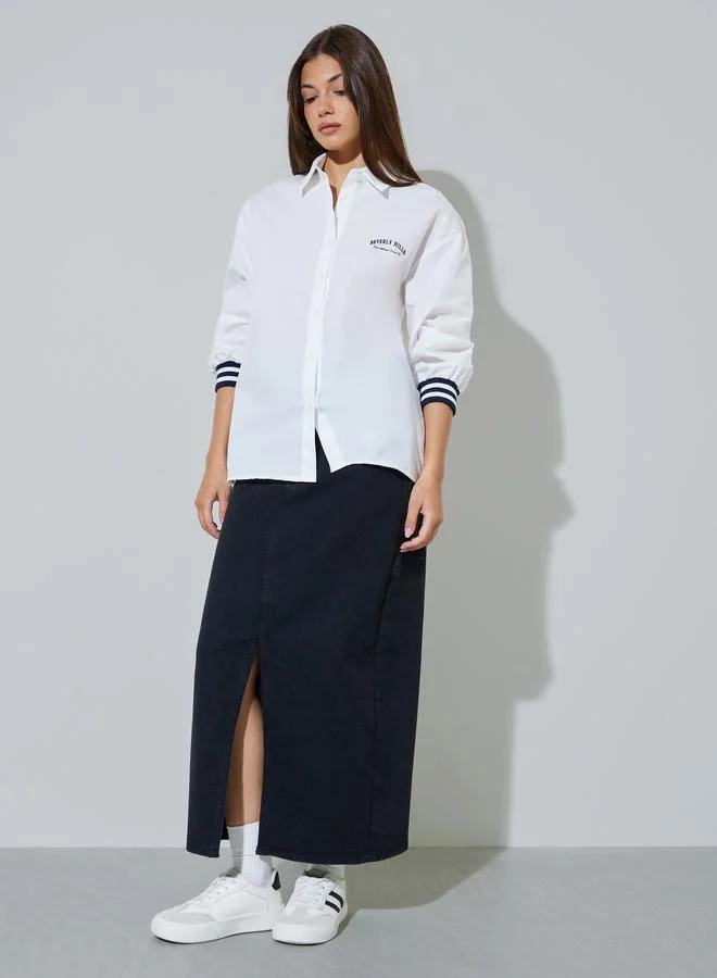 ستايلي Off White Longline Shirt with Ribbed Cuff