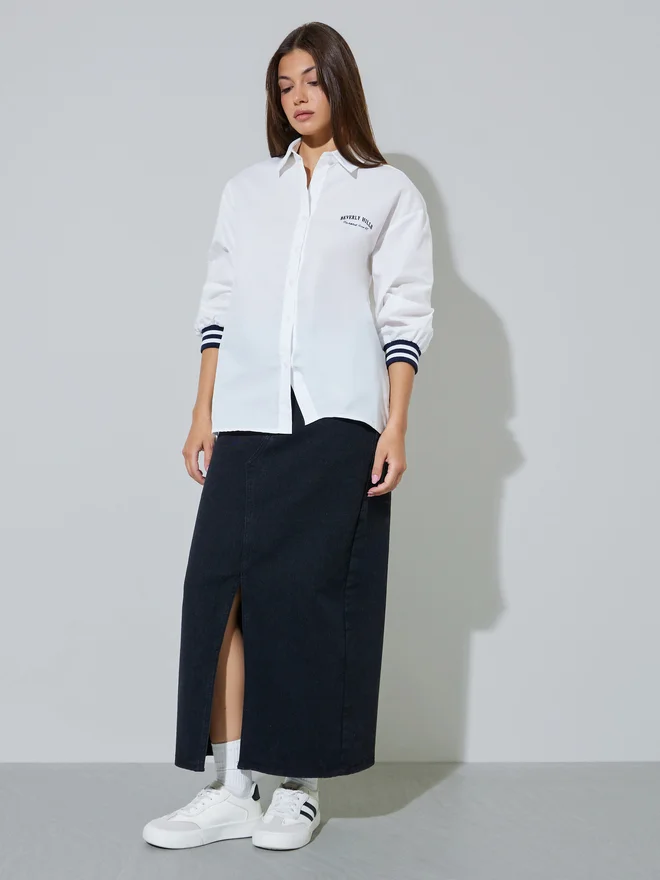 Styli Styli Off White Longline Shirt with Ribbed Cuff